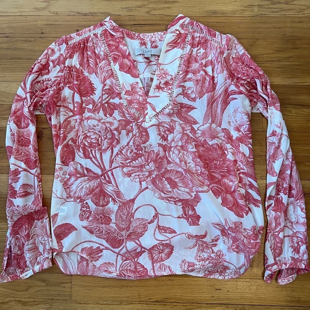 LOFT Red Floral V-Neck Blouse